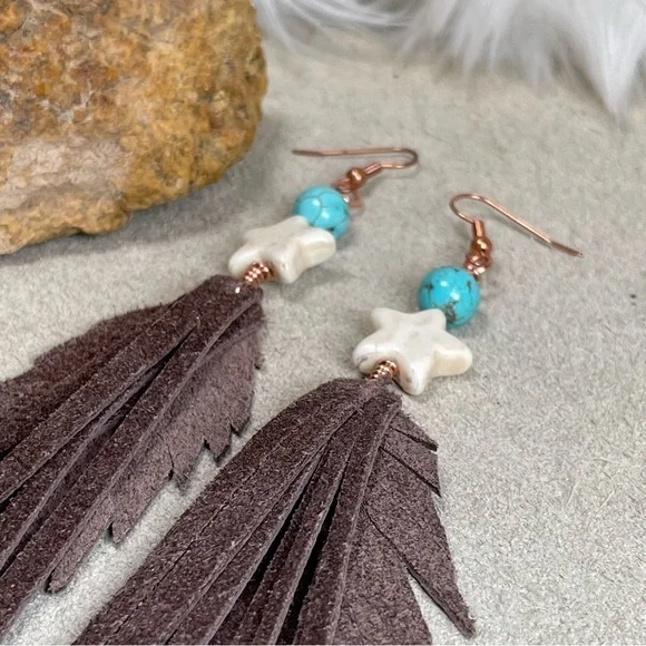 Howlite Gemstone And Turquoise Genuine Brown Leather Fringe Earrings - Picture 8 of 15